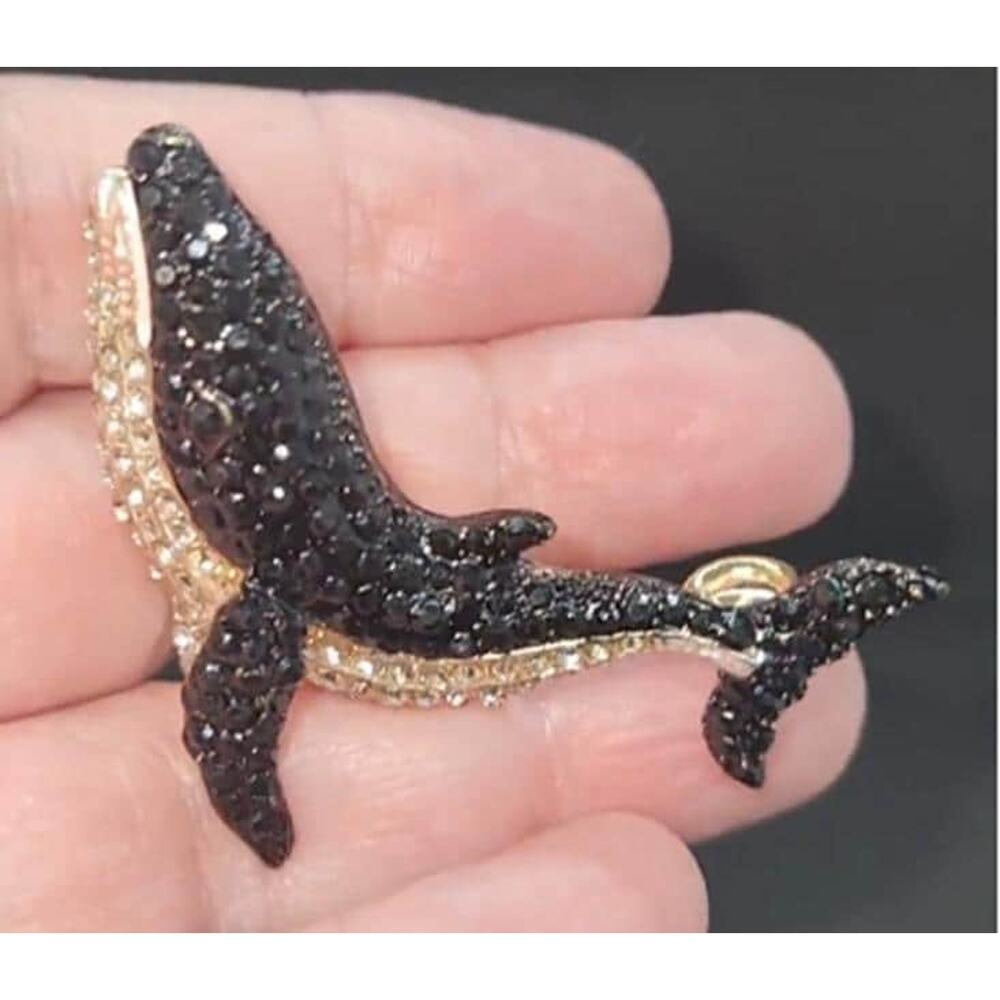Rhinestone Whale Brooch Ocean Marine Life Black & Clear Stones
